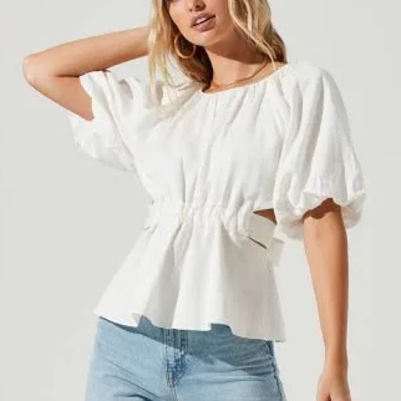 ASTR the LABEL Women’s Vendetti Cutout Puff Sleeve Ivory Linen Top Size Large - Picture 1 of 8